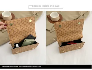 Detail view of the brown printed crossbody bag interior showing storage for phone and wallet