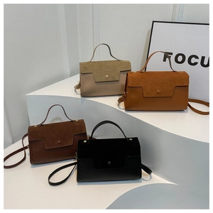 Frosted suede patchwork crossbody bags in black, brown, and beige with round buckle