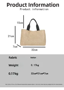 Detailed dimension guide for natural straw woven tote bag with black handles
