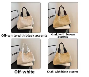 Detail view of woven tote bags in four color options with minimalist trapezoid design