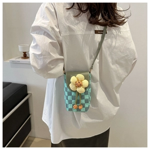 Crossbody phone bag with green checkered pattern and yellow 3D flower detail