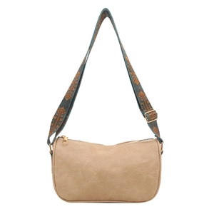 Sac à bandoulière marron clair minimaliste avec sangle ethnique et détails dorés brillants