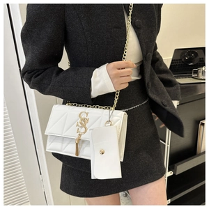 White quilted chain crossbody bag with gold-tone tassel and detachable small coin purse