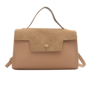Khaki frosted suede and synthetic leather handbag with top handle and shoulder strap