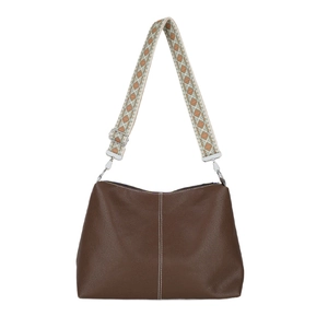 Retro brown leather bucket bag with artistic jacquard strap and white contrast stitching