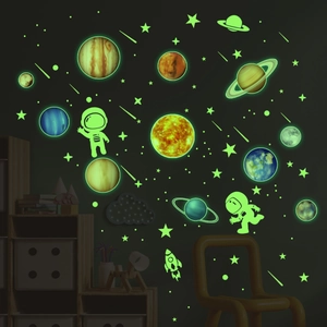 Glow in the dark solar system wall stickers with astronauts and planets for kids room