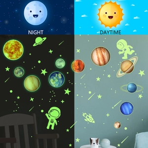 Luminous solar system wall stickers showing planets and astronauts in day and night modes