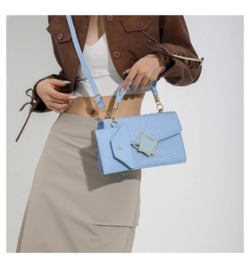 Close-up of blue crocodile pattern handbag with mini triangular pouch and gold hardware