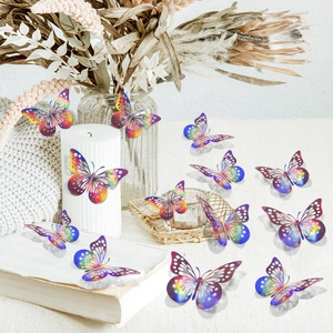 Macro detail of 3D iridescent hollow butterfly wall stickers with metallic texture