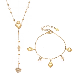 Set gioielli dorato in acciaio inossidabile con cuore sacro, croce e zirconi