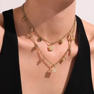 Necklace And Bracelet 18K Gold Plated Stainless Steel Multi Charm Padlock Heart Clover Zircon Fashion Jewelry For Women