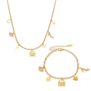 18k gold plated stainless steel jewelry set with handbag charms and zirconia