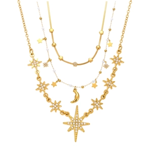 Collana a tre strati in acciaio inossidabile placcato oro 18K con stelle e lune zirconi