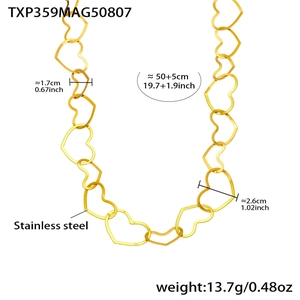 Detail of gold hollow heart link necklace with dimension labels and size measurements