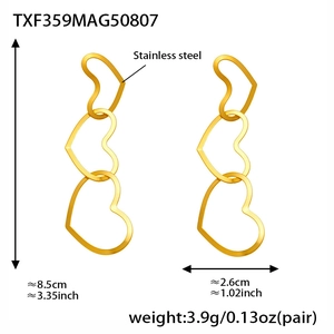 Macro detail of triple hollow heart earrings in gold stainless steel with dimensions