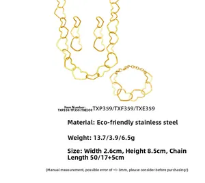Detailed size chart for stainless steel jewelry set featuring hollow heart necklace and bracelets