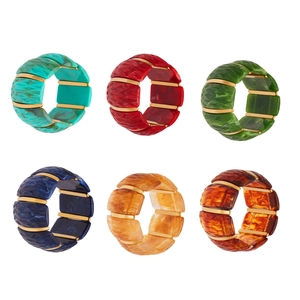 Elastic resin cuffs with 18k gold-plated accents in multi-color vintage feather patterns