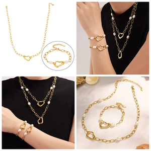 Detail of 18k gold plated stainless steel jewelry set with pearls and heart charms
