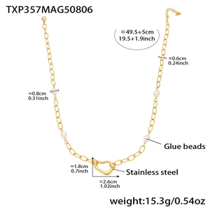Detailed size chart of gold stainless steel necklace with heart pendant and white beads