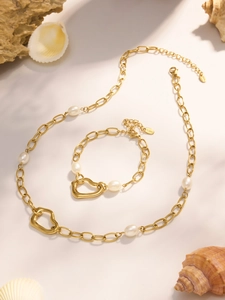 Detailed set of 18k gold plated stainless steel heart and pearl jewelry set