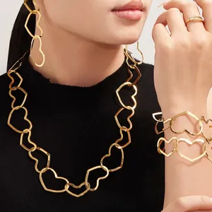 Hollow Heart Necklace Bracelet Earrings Gold Plated Stainless Steel Interlinked Trendy Minimalist Women Jewelry