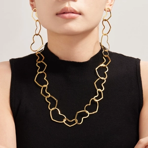 Luxury gold-plated stainless steel hollow heart necklace and earring set on female model