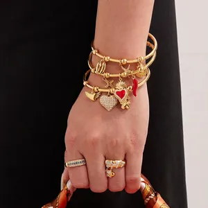 Bracelet Jonc En Acier Inoxydable Plaqué Or 18K Émail Cœur Croix Étoile De Mer Breloque Avec Zircone Pour Femmes
