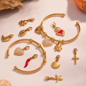 Bracelets joncs dorés en acier inoxydable avec pendentifs croix cœur et zircone