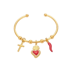 Bracelet jonc en acier doré avec breloques sacré cœur, croix et piment rouge