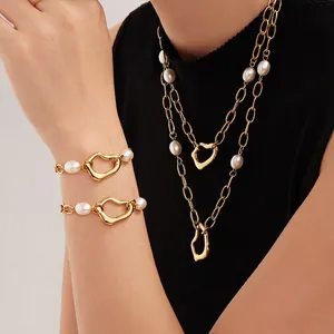 Irregular Heart Pendant Necklace And Bracelet Gold Plated Stainless Steel With Imitation Artificial Pearls Elegant For Women
