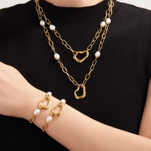18k gold plated double layer necklace and bracelet set with pearls and heart charms