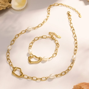 18K gold plated stainless steel jewelry set with irregular hearts and pearls