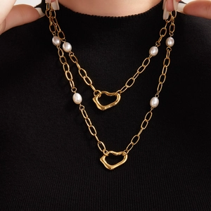 Double-layered 18k gold plated stainless steel heart necklace with white pearl beads