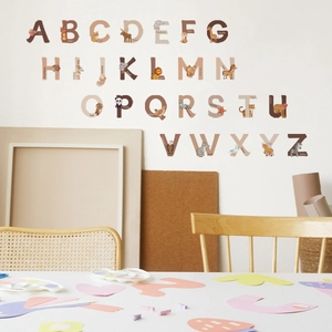 Nursery animal alphabet wall decals with 26 letters in earthy tones for kids room