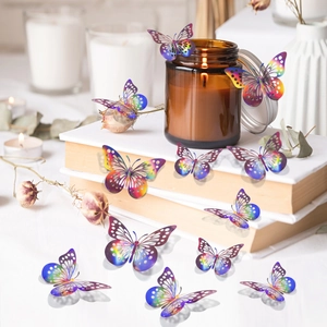 Detailed view of 3D cutout butterfly wall stickers with vibrant rainbow gradient finish