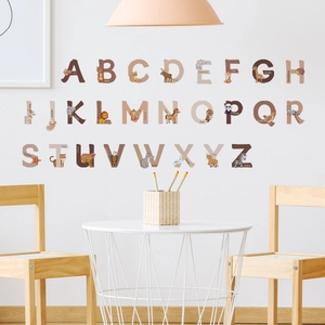 Cartoon animal ABC alphabet wall stickers for kids nursery in neutral earthy tones