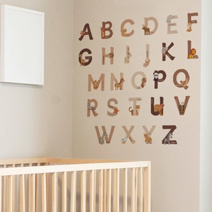 Cartoon animal ABC alphabet wall stickers in warm brown tones for nursery wall decoration