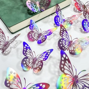 3D colorful hollow butterfly wall stickers with laser iridescent metallic finish for home decor