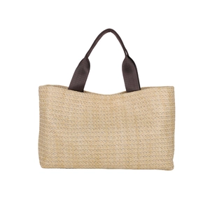 Large capacity woven beach tote bag with dark brown shoulder straps in minimalist style