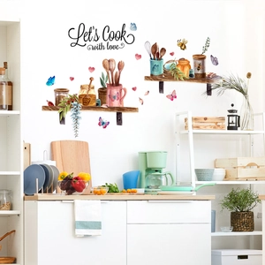 Adesivo murale cucina acquerello con utensili e citazione 'Let's Cook with Love'