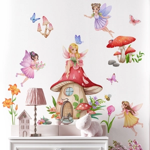 Cartoon fairy mushroom house wall stickers for kids bedroom with watercolor butterfly decor