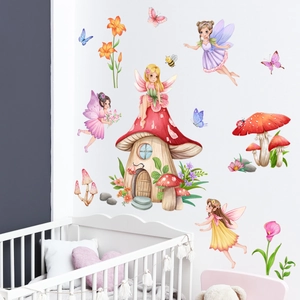 Detailed fairy mushroom house wall decals applied above a white crib in a nursery