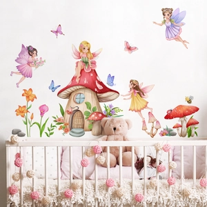 Cartoon mushroom house and fairy wall stickers for children's bedroom decor