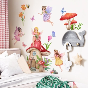 Watercolor fairy mushroom house wall stickers for kids room with butterflies and flowers