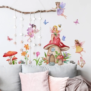 Detail of mushroom house and flower fairy wall stickers in a cozy child bedroom setting