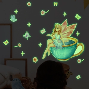 Glow In The Dark Fairy In Cup Wall Sticker Luminous Butterfly Star PVC Decals For Kids Room Nursery Bedroom Home Decor