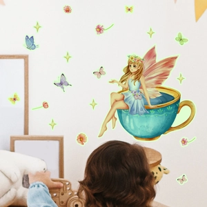 Luminous fairy wall sticker with butterflies and tea cup for kids bedroom decor