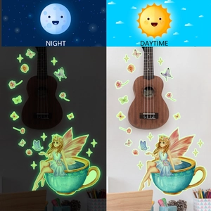 Luminous fairy wall decals showing daytime and nighttime glowing effect comparison