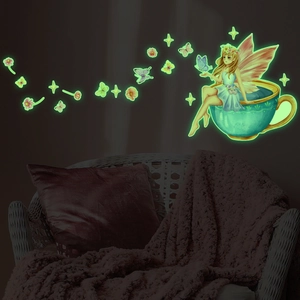Luminous fairy and butterfly wall stickers with glowing stars for children's bedroom decor