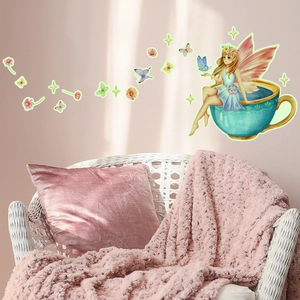 Dreamy fairy in tea cup wall stickers with butterflies for nursery room decor